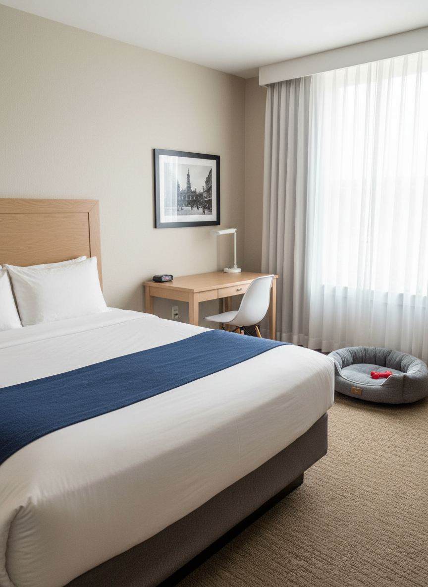 A bright, budget-friendly hotel room interior at Blake Hotel New Orleans, featuring a neatly made queen bed with crisp white linens and a navy accent throw, a simple wooden headboard, and a compact work desk with a modern chair. A pet bed with a chew toy sits in one corner, emphasizing the pet-friendly vibe. Natural daylight filters through sheer curtains, softly illuminating neutral walls and practical furnishings. Photographic realism, captured from a slightly elevated corner angle to show the layout clearly, with sharp focus throughout. The mood is clean, practical, and welcoming, conveying comfort without luxury. Subtle decorative touches, like a framed photograph of New Orleans architecture on the wall, hint at local character while maintaining a professional, uncluttered aesthetic.