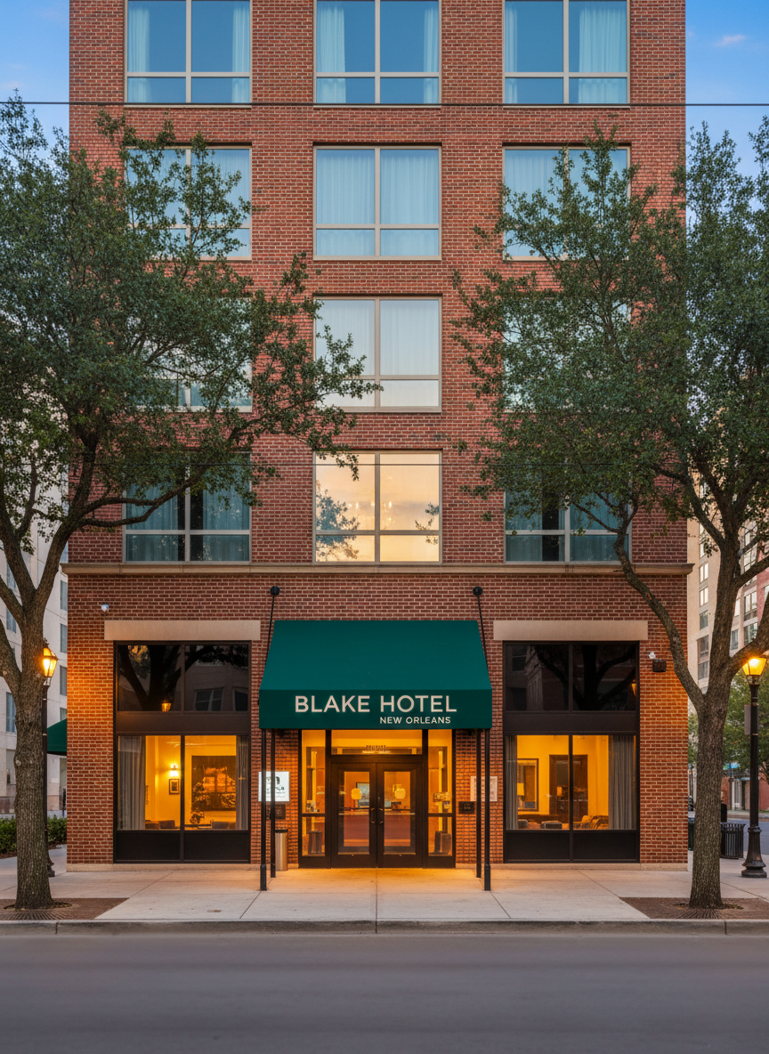 A welcoming exterior view of Blake Hotel New Orleans, a mid-rise brick and glass building with clean signage and neatly maintained entryway canopy. The main subject is the hotel façade with its modern yet budget-friendly appearance, framed by leafy street trees and a simple, well-lit sidewalk. Warm ambient street lighting and soft early evening sky create a gentle blue-and-gold contrast, with reflections visible in the lobby windows. Photographic realism, shot at eye level with a slightly wide-angle lens, emphasizing the inviting entrance and clear hotel name. The atmosphere is professional, calm, and approachable, with sharp focus on architectural details and a subtly blurred urban background to suggest a convenient downtown New Orleans location without showing any people.