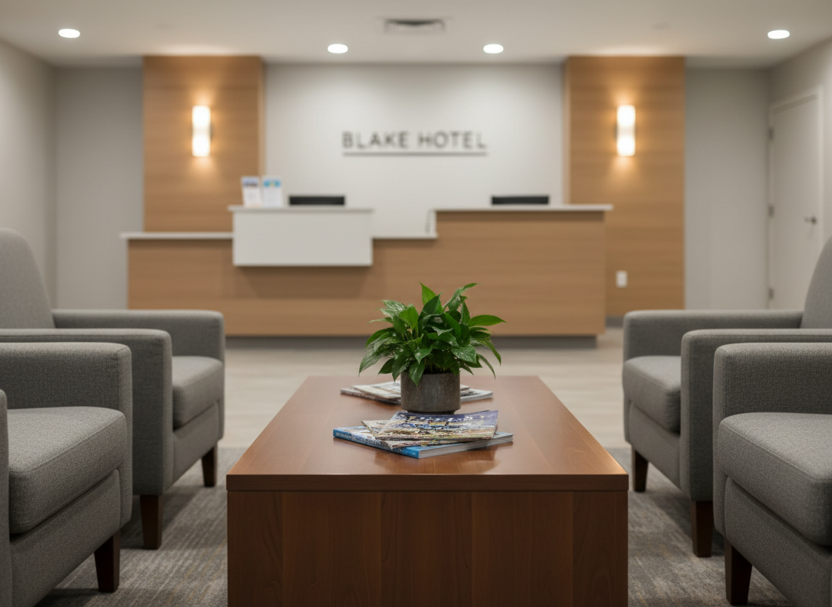 A cozy lobby seating area at Blake Hotel New Orleans, centered on a low, dark-wood coffee table with a smooth matte finish, surrounded by upholstered armchairs in muted gray fabric. On the table, a neatly stacked set of city guides and a small potted plant with glossy green leaves suggest local exploration. The background reveals a simple check-in counter with clean lines and discreet signage. Warm recessed ceiling lights and a pair of wall sconces cast soft, even illumination, creating gentle highlights on surfaces without harsh shadows. Photographic realism, eye-level composition with rule-of-thirds framing, slightly blurred background for depth. The mood is relaxed, professional, and approachable, emphasizing comfort and functionality over opulence, perfect for budget-conscious guests.