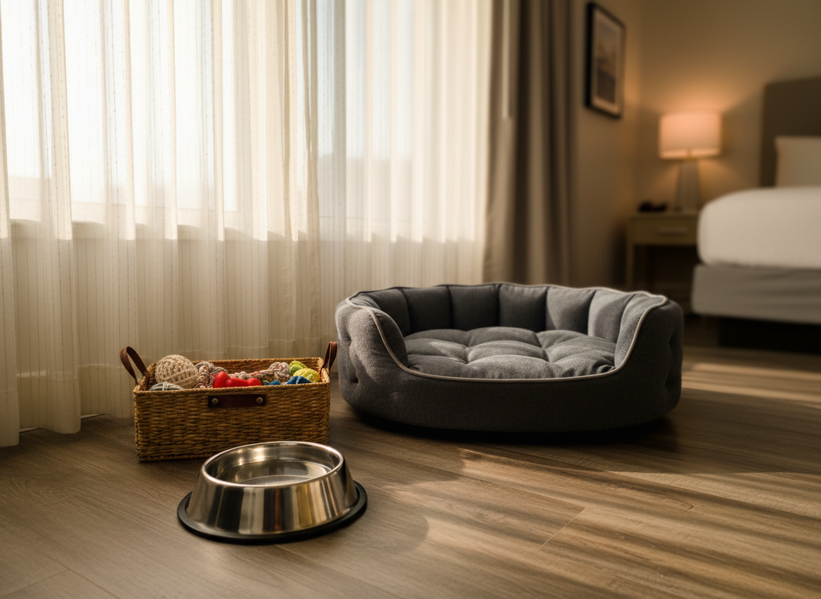 A dedicated pet-friendly corner in a Blake Hotel New Orleans guest room, featuring a plush, charcoal-gray pet bed with tufted sides, a stainless steel water bowl with a subtle reflection, and a small basket of neatly arranged pet toys. The setup is placed on durable, wood-look vinyl flooring near a window with light-filtering curtains, suggesting easy cleanup and practical design. Late afternoon natural light pours in, creating gentle highlights on the stainless steel and soft shadows around the pet bed. Photographic realism, captured from a low angle to make the pet amenities feel like the hero subject, with shallow depth of field that gently blurs the rest of the room. The atmosphere is caring, thoughtful, and welcoming to travelers with pets, yet maintains a clean, professional look.