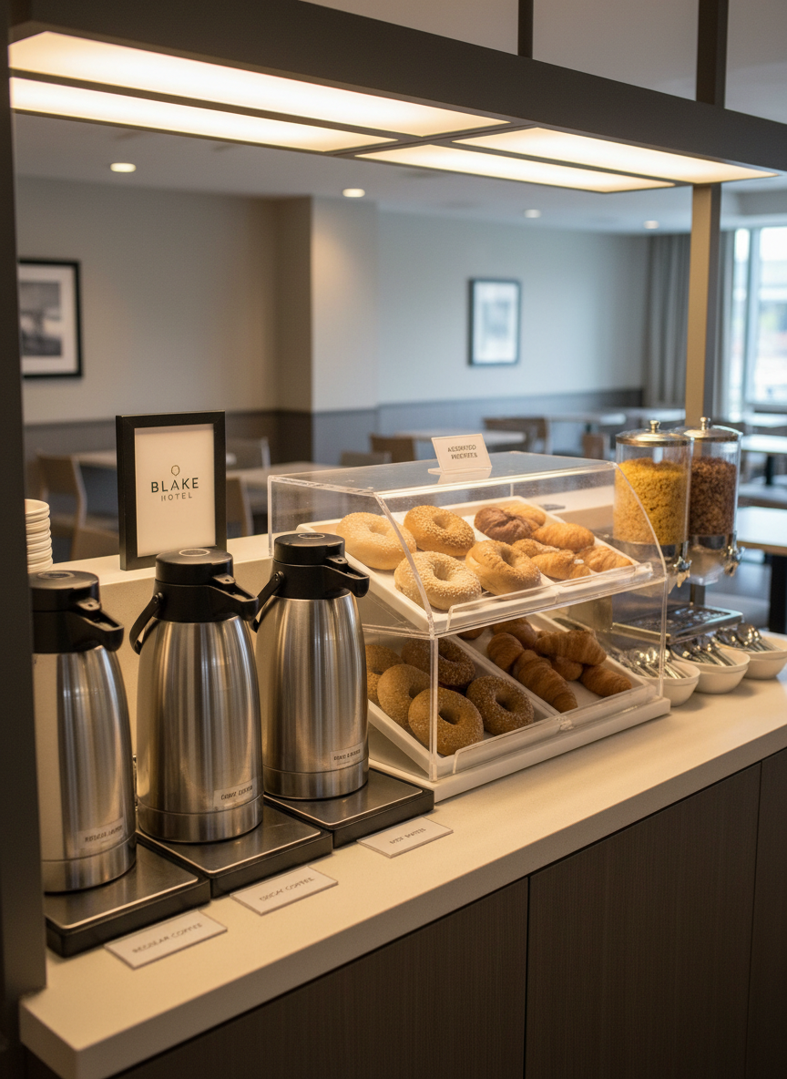 A neatly arranged budget-conscious breakfast setup at Blake Hotel New Orleans, focusing on a self-service counter with a row of stainless steel coffee dispensers, a clear acrylic display of bagels and pastries, and a compact cereal station. Surfaces are clean laminate in a light wood tone, with understated signage indicating options. Overhead warm LED panel lighting creates even, practical illumination with soft reflections on the metal and glass. Photographic realism, shot from a slightly elevated, three-quarter angle that shows both the food and the overall organization of the space. The background includes a subtle glimpse of seating: simple, modern tables and chairs in neutral colors. The mood is efficient, inviting, and no-frills, emphasizing value and convenience for guests starting their day in New Orleans.