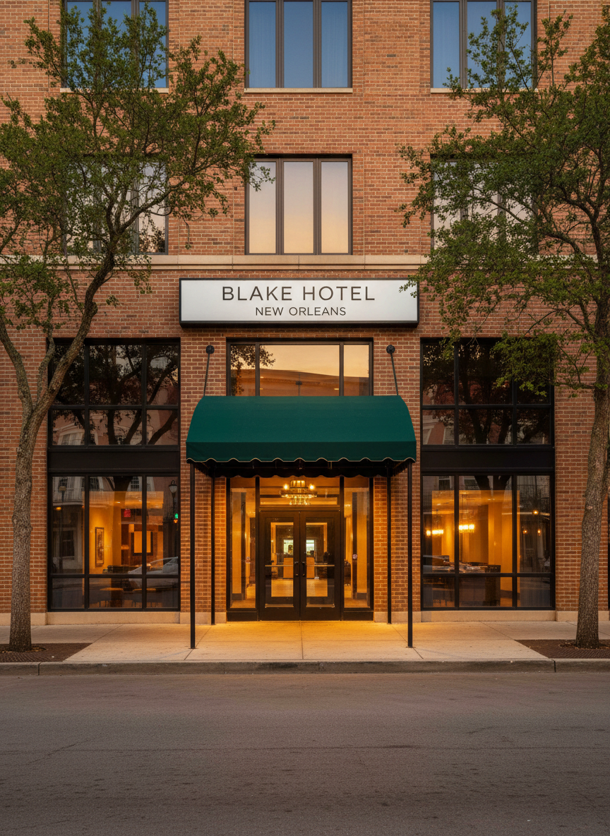 A welcoming exterior view of Blake Hotel New Orleans, a mid-rise brick and glass building with clean signage and neatly maintained entryway canopy. The main subject is the hotel façade with its modern yet budget-friendly appearance, framed by leafy street trees and a simple, well-lit sidewalk. Warm ambient street lighting and soft early evening sky create a gentle blue-and-gold contrast, with reflections visible in the lobby windows. Photographic realism, shot at eye level with a slightly wide-angle lens, emphasizing the inviting entrance and clear hotel name. The atmosphere is professional, calm, and approachable, with sharp focus on architectural details and a subtly blurred urban background to suggest a convenient downtown New Orleans location without showing any people.