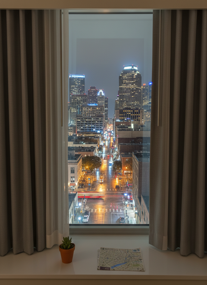 A nighttime view from a Blake Hotel New Orleans guest window, featuring a glimpse of the New Orleans skyline and nearby streetlights, framed by simple, neutral blackout curtains pulled partially aside. Inside the room, the edge of a tidy windowsill with a small potted plant and a folded city map adds context. The primary light comes from cool street and building lights outside, contrasted with the warm glow of a bedside lamp just out of frame, creating a cozy interior-exterior contrast. Photographic realism, shot from inside the room looking out, with the cityscape in sharp focus and the interior elements softly blurred in the foreground. The mood is quietly urban and contemplative, suggesting an affordable yet centrally located stay, with subtle hints of the city’s character without any crowds or people.